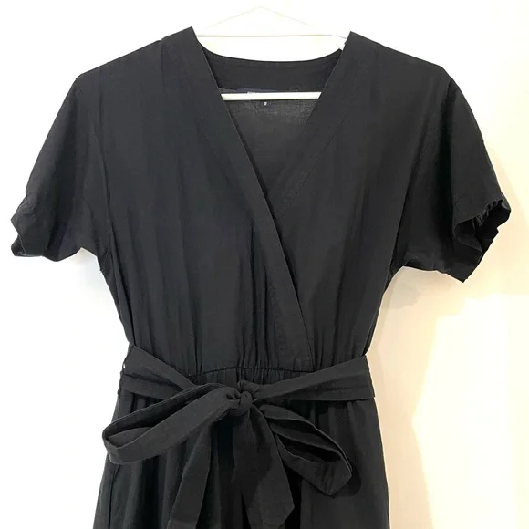 French Connection cotton dress midi black wrap top self tie waist ladies size 8 - Picture 2 of 5